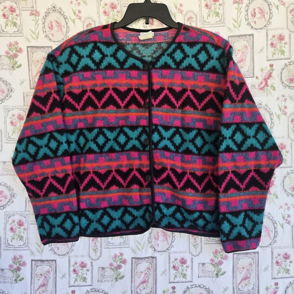 Vtg David Wayne Southwestern Aztec Fleece Cardigan Jacket 80s 90s Pink Blue Sz L